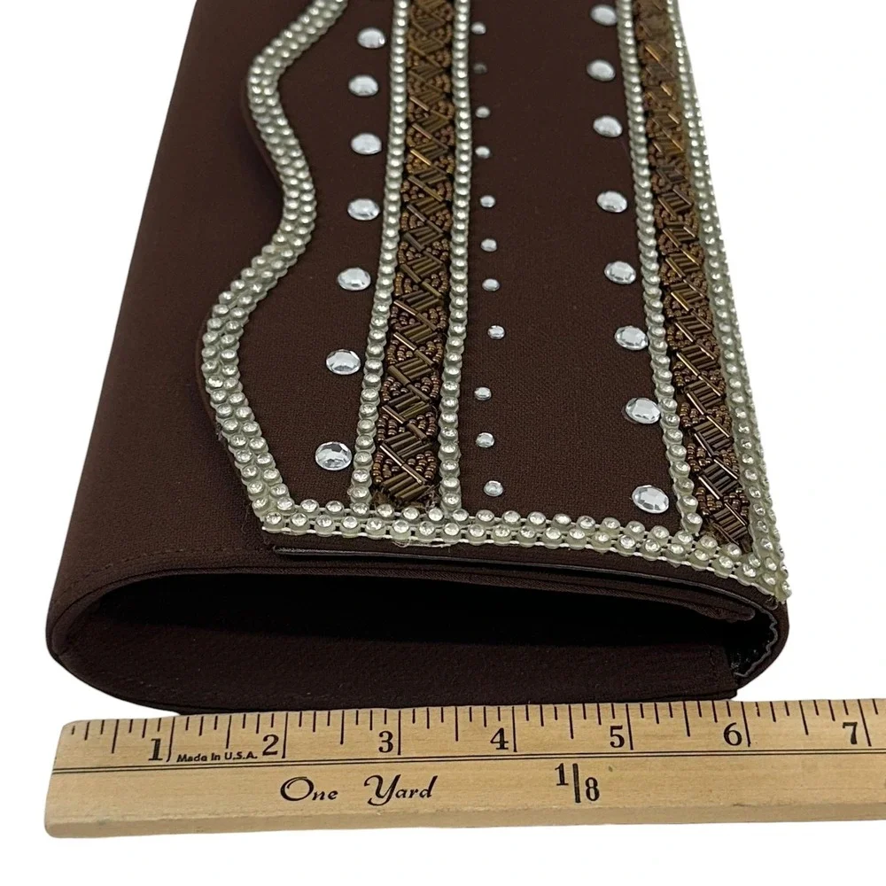 NWT Elite Champagne Clutch Purse Womens Brown‎ Cream Beaded Rhinestone NOS VTG
